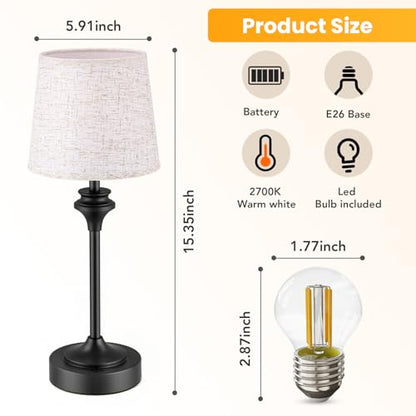 NIORSUN Portables Cordless Table Lamp Set of 2, Battery Operated Lamp, Bedside Table Lamp with Warm White,3 Way Dimmable Touch Desk Lamp for Bedroom Living Room Restaurant Whtie Shade (Black) - size: 2Pack-16.5in