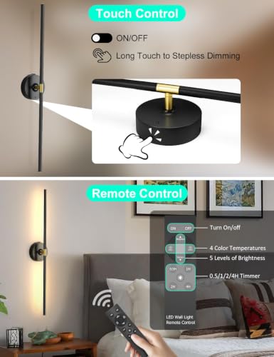 Wall Sconces Battery Operated Set of 2, 10000mAh Rechargeable Wall Lights - color: Black