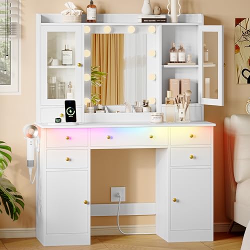 Xixini 44" Vanity Desk with Mirror & Lights, Glass Storage Cabinets, White - color: White