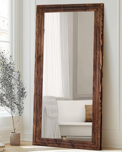 76x34in Full Length Mirror, 3-Tier Stepped Solid Wood Frame, Brown - color: Brown, size: 76"L x 34"W
