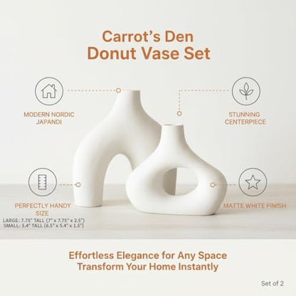 Carrot's Den Ceramic Modern Vase Set of 2, Donut Shelf Decor, Warm White - color: Warm White
