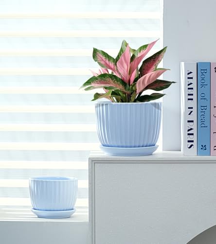Flower Pots，Ceramic Pots with Drainage Holes & Saucers Set of 3(Sky Blue) - color: Blue