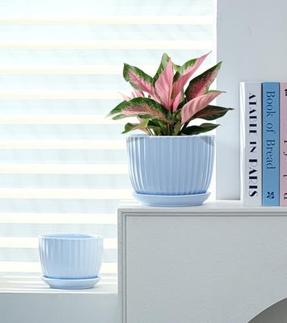 Flower Pots，Ceramic Pots with Drainage Holes & Saucers Set of 3(Sky Blue) - color: Blue