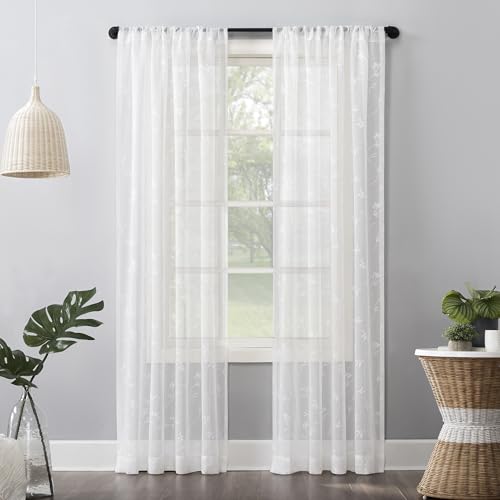 No. 918 Delia Embroidered Floral Sheer Rod Pocket Curtain Panel, 50" x 63", Ivory Off-White - color: Ivory Off-white, size: 50"W x 63"L (Pack of 1)