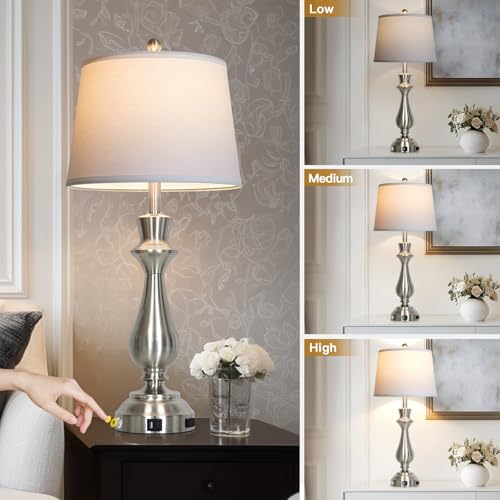 Cinkeda Silver Touch Lamps for Night Stands Set of 2-29.5" Tall Bedside Lamp with USB C+A, 3 Way Dimmable Bedroom Lamps, Brushed Nickel Table Lamps for Living Room - color: Silver