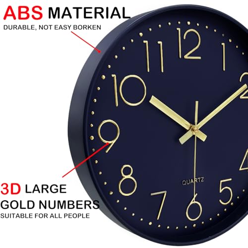 Silent Wall Clocks Battery Operated 8 Inch, Analog Wall Clock with Large Number Tempered Glass Clock Face, Navy Blue Quartz Non Ticking Wall Clocks for Living Room Bedroom Kitchen Office - color: Navy Blue, size: 8 Inch