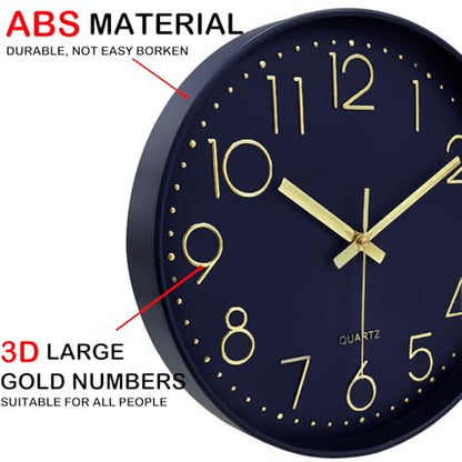 Modern Silent Wall Clock, 12 Inch Wall Clocks Battery Operated Large Number, Non-Ticking Analog Clock with Tempered Glass Quartz Clocks for Living Room Bedroom Office Kitchen, Navy Blue - color: Navy Blue, size: 12 Inch