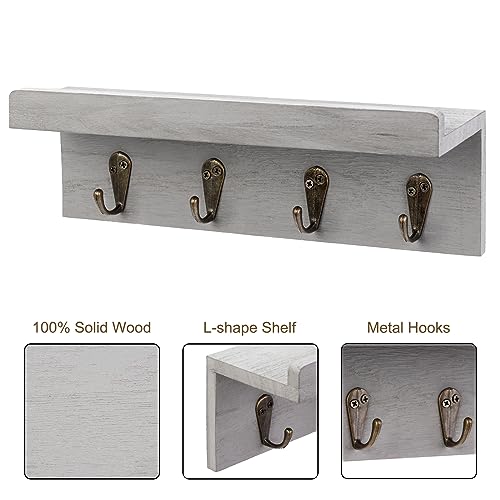 Key Holder Wall Mount, Farmhouse Wall Shelf with 4 Hooks for Entryway - color: Gray