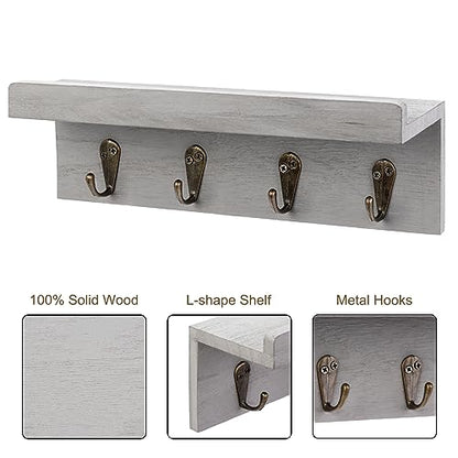 Key Holder Wall Mount, Farmhouse Wall Shelf with 4 Hooks for Entryway - color: Gray