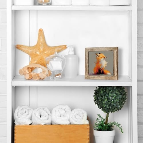 Fox Desk Decor Wooden Box Sign 5.9x5.9, Rustic Animal Oil Painting Style Tabletop Plaque, Cozy Woodland Shelf Counter Accent, Minimalist Housewarming Gift for Home