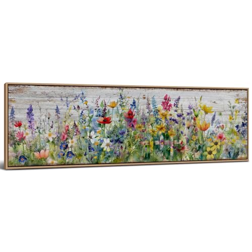 Wood Framed Colorful Wildflower Wall Art Rustic Farmhouse Wall Decor 14x48” - color: Flower
