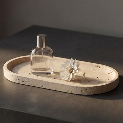 YKAJO Natural Travertine Beige Oval Marble Tray, 11.8x5.9 Vanity Organizer - color: Natural Travertine Beige, size: 11.8" x 5.9" x 0.6"