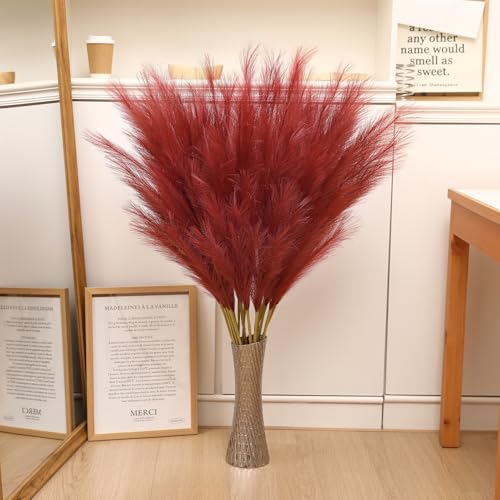 Wertuirk Burgundy Pampas Grass Decor, 8 Pcs 45 Inch Tall Large Faux Pompous - color: Burgundy