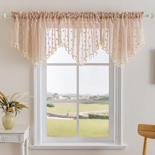 3 Pieces Boho Sheer Valances for Windows, Cute Pom Pom Rod Pocket Light Filtering Short Valance Curtains with Tassels for Nursery Kids Bedroom Bathroom Cafe (Beige,55"x24") - color: Beige