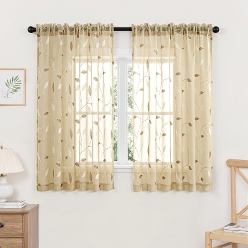 MIULEE Beige Sheer Curtains 2 Panels Embroidered Leaf Patterned, W52 x L54 - color: Beige, size: 52"W x 54"L (Pack of 2)