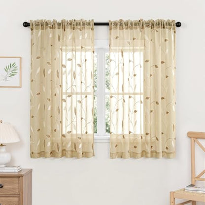 MIULEE Beige Sheer Curtains 2 Panels Embroidered Leaf Patterned, W52 x L45 - color: Beige, size: 52"W x 45"L (Pack of 2)