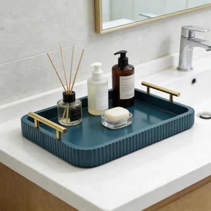 Rectangle Modern Wood Serving Tray with Metal Handles, High Gloss Teal Finish, 16x12 Inch Coffee Table Ottoman Tray for Storage and Display (Teal) - color: Teal