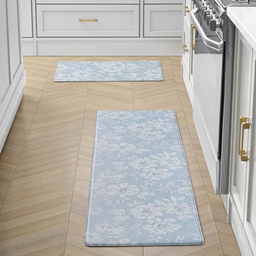 Laura Ashley - Anti-Fatigue Kitchen Mat, Iris Floral Design, Stain, Water & Fade Resistant, Cooking & Standing Relief, Non-Slip Backing, 2 Piece Set: 17.5" x 60" / 17.5" x 28" Light Blue Iris - color: Light Blue / Gray, size: 60"L x 17.5"W / 28"L x 17.5"W