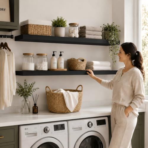 Rustic Floating Shelves 72 inch Long 8 "deep Set of 2, Heavy Duty Wood Wall Mounted Shelves for Bathroom Living Room Kitchen,Book Shelves with Thickened Hidden Bracket- Black - color: Black, size: 72'' x 8''x 2''(set of 2）
