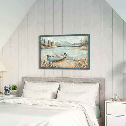 HILL WEST Rustic Nature Lake Boat Wooden Framed Wall Art, 45x30inch - color: Boat, size: 45"L x 30"W
