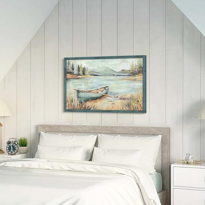 HILL WEST Rustic Nature Lake Boat Wooden Framed Wall Art, 45x30inch - color: Boat, size: 45"L x 30"W
