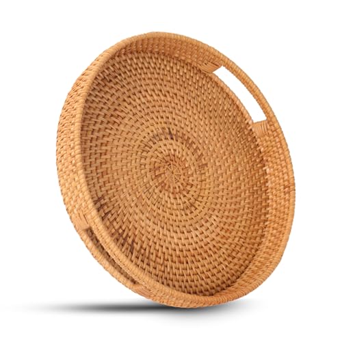 Round Rattan Serving Tray with Handles, Natural Wicker Decorative Tray for Serving, Fruit/Bread Serving Basket, Round Woven Tray，11.8 inch, Gift Idea Choice (11.8") - size: 11.8"