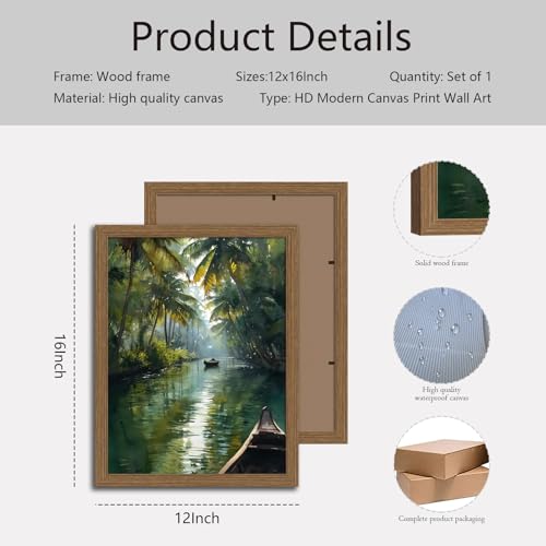 Kerala India Wall Art Framed, Tropical Jungle River Canvas Print - color: Tropicaljungle, size: 12"L x 16"W
