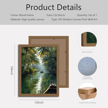 Kerala India Wall Art Framed, Tropical Jungle River Canvas Print - color: Tropicaljungle, size: 12"L x 16"W