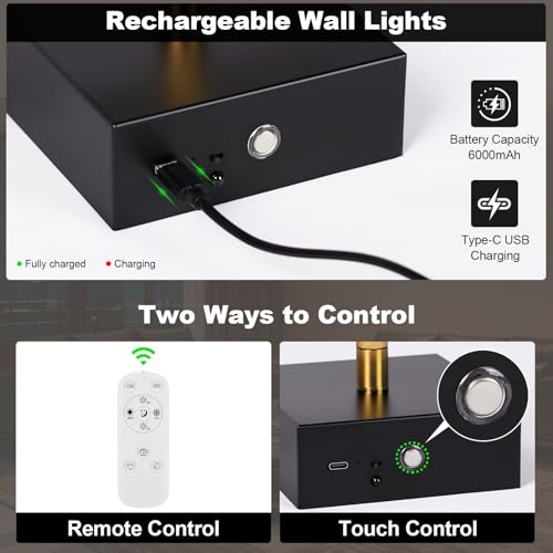 Battery Operated Wall Sconce Set of Two with Remote Control, 3000K-6000K Dimmable Black Gold Wall Lights, Timable LED Wireless Wall Sconces, 350° Ratate for Bathroom, Living Room, 39.4 Inch - color: Black & Gold, size: 39.4in(2 Pack)