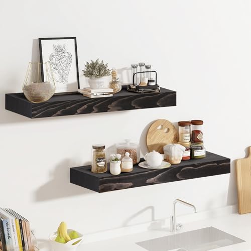 Solid Wood Floating Shelves, 17 Inch Wall Shelves, Set of 2, Black - color: Black, size: 17x8x1.6