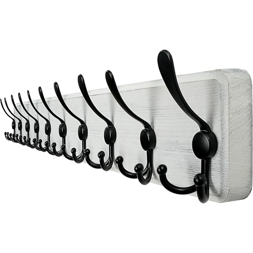 WEBI Coat Rack Wall Mount,38 9/16" Long,10 Hooks,Large Coat Hooks Wall Mounted,Coat Hanger Wall,Farmhouse Wood Hook Rack Rail,Triple Hooks for Hanging Coats,Clothes,Jacket,Black/White - color: White, size: 10 Hooks