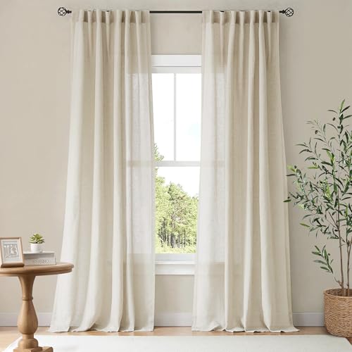 NICETOWN Natural Linen Curtains & Drapes for Windows 84 inch Long, Rod Pocket & Back Tab Thick Flax Semi Sheer Privacy Assured with Light Filtering for Bedroom/Living Room, W55 x L84, 2 Pieces - color: Natural, size: 55"W x 84"L (Pack of 2)