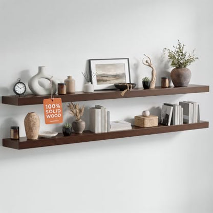 Homeforia 60 Inch Floating Shelves, High-End Solid Pine Wood, Set of 2 - color: American Walnut - Satin Dark Tone, size: 60 inch