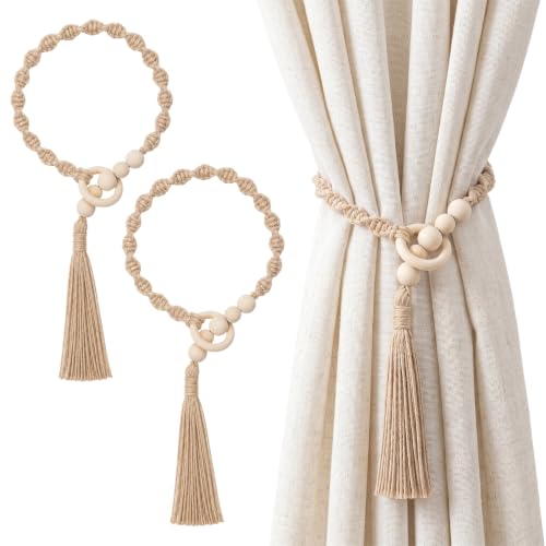 2 Pack Macrame Curtain Tiebacks with Wooden Beads Boho Handmade Beaded