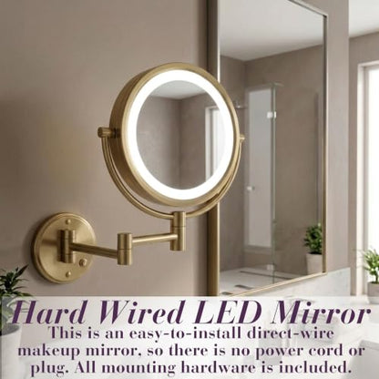 JERDON Hardwired Wall-Mount Makeup Mirror - 8X/1X - Gold - HL88BGLD - color: Gold Direct Wire