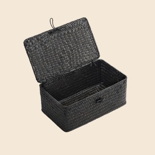 Nonam Small Wicker Basket with Lid,Seagrass Shelf Storage Basket,Black - color: S-Black