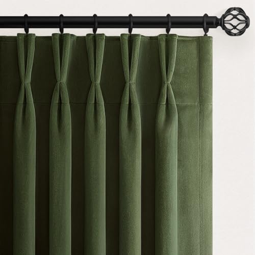Moss Green Velvet Pinch Pleated Curtains 96 Inches Long,Thick Room Darkening Privacy Drapes with Hooks for Living Room Bedroom,or Dining Room, Hunter Olive Home Decor, Set of 2,W40 - color: Mossgreen, size: 40"W x 96"L (Pack of 2)