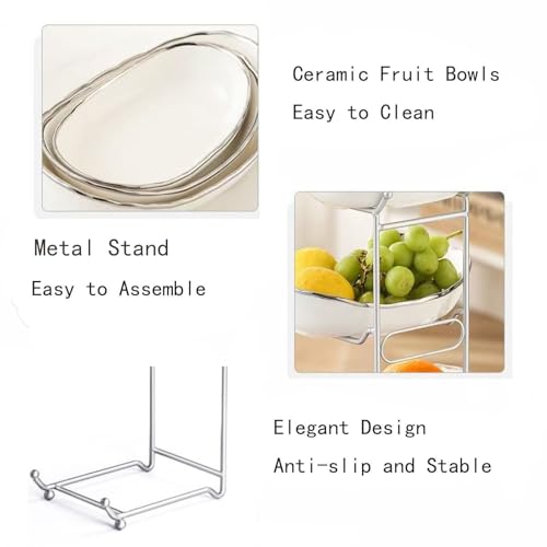 2-Tier Fruit Bowls for Kitchen Counter,Ceramic White Bowl with Silver Metal Stand,2 Tier Fruit Basket for Fruit,Snack,Cake,Nuts,Dessert Space Saving Storage - color: Silver&White