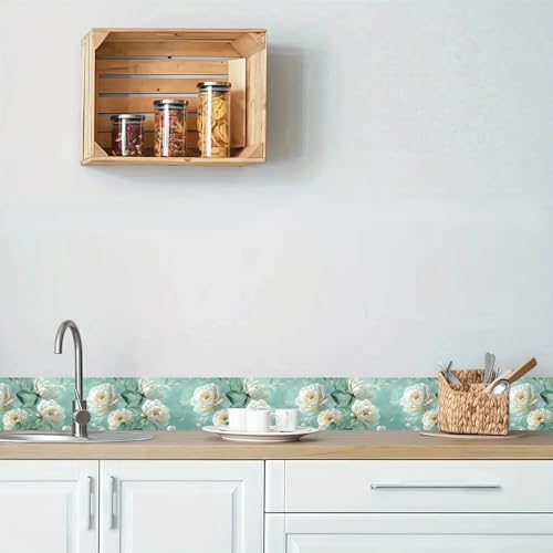 White Peony Wallpaper Border Peel and Stick Mint Green Visual Depth Trim - color: Mint Green/White, size: 3.9" x 393.7"