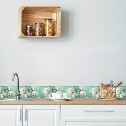White Peony Wallpaper Border Peel and Stick Mint Green Visual Depth Trim - color: Mint Green/White, size: 3.9" x 393.7"
