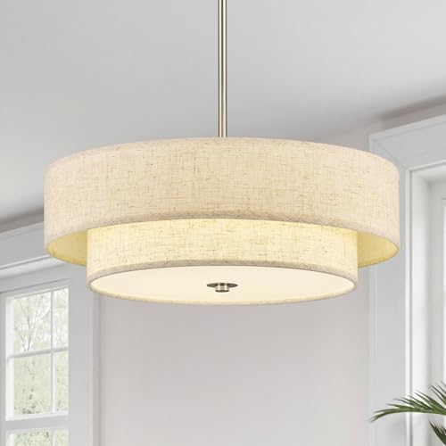 VONLUCE 18" Modern Drum Chandelier, 4-Light 2-Tier Linen Pendant Light - color: Brushed Nickel, size: 18inch