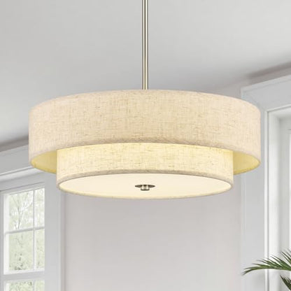 VONLUCE 18" Modern Drum Chandelier, 4-Light 2-Tier Linen Pendant Light - color: Brushed Nickel, size: 18inch