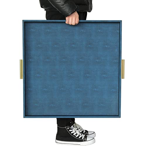 HofferRuffer Extra Large Square Serving Tray, Elegant Faux Leather Ottoman Tray with Gold Hardware Handles, Serve Tea, Coffee or Breakfast in Bed, 24 x 24 inches (Navy Blue Shagreen) - color: Navy Blue Shagreen, size: 24" x 24" x 2"