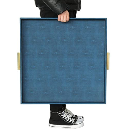 HofferRuffer Extra Large Square Serving Tray, Elegant Faux Leather Ottoman Tray with Gold Hardware Handles, Serve Tea, Coffee or Breakfast in Bed, 24 x 24 inches (Navy Blue Shagreen) - color: Navy Blue Shagreen, size: 24" x 24" x 2"