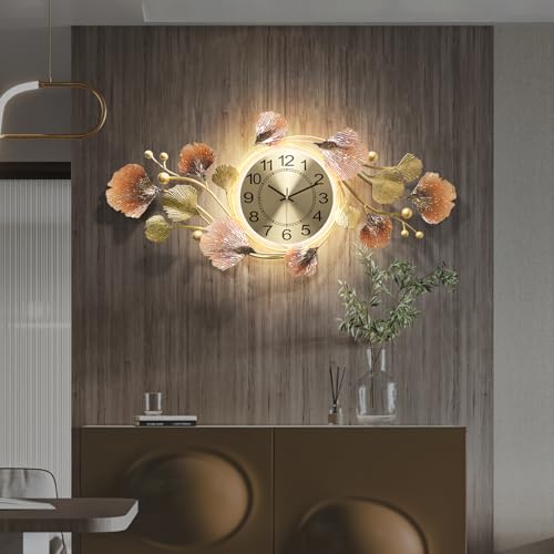 Modern 35''x20'' Metal Wall Clock Featuring a Silent Movement and Creative Ginkgo Leaf Design Living Room, Bedroom, or Office Decor - size: 19''Lx35''W