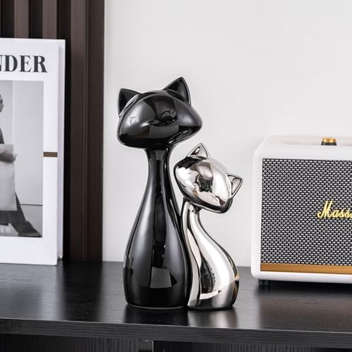 SURE YUESI Ceramic Cat Statue Set of 2, Black & Silver Cute Cat Figurines, Desk & Shelf Decor for Cat Lovers, Office Home Decor, Lucky Cat Memorial Gift for Women
