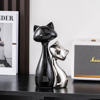 SURE YUESI Ceramic Cat Statue Set of 2, Black & Silver Cute Cat Figurines, Desk & Shelf Decor for Cat Lovers, Office Home Decor, Lucky Cat Memorial Gift for Women