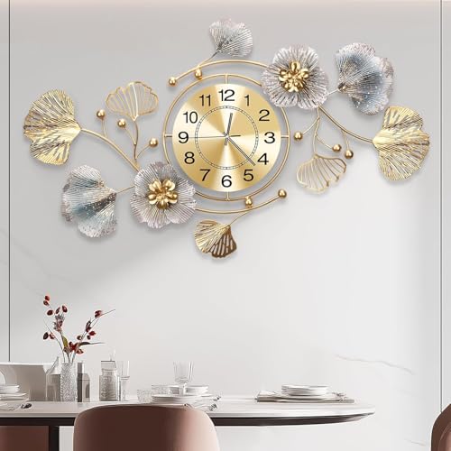 33" Modern Farmhouse Large Decorative Wall Clock, Ginkgo Metal Art - color: Retro Blue Color, size: 32 x 18 inches