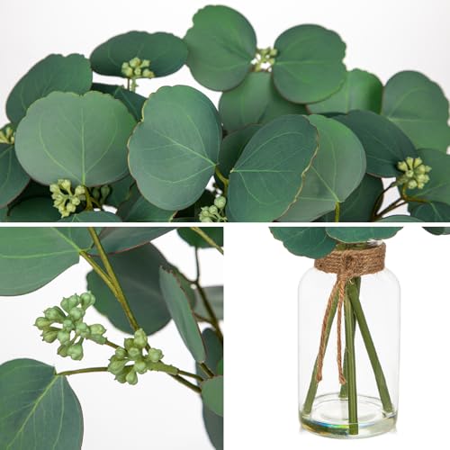 Artificial Eucalyptus Stems Fake Plants in Glass Vase with Faux Water - color: Dark Green