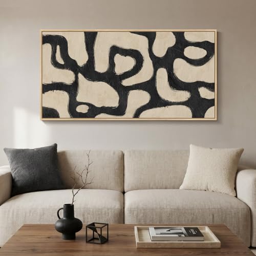 Framed Neutral Modern Abstract Horizontal Wall Art for Living Room, 24x48 | Black and beige, Modern, Minimalist, Large, Canvas artwork, Bedroom wall decor, Hallway wall art, Home office, Ready to hang - color: Beige Black, size: 48"L x 24"W